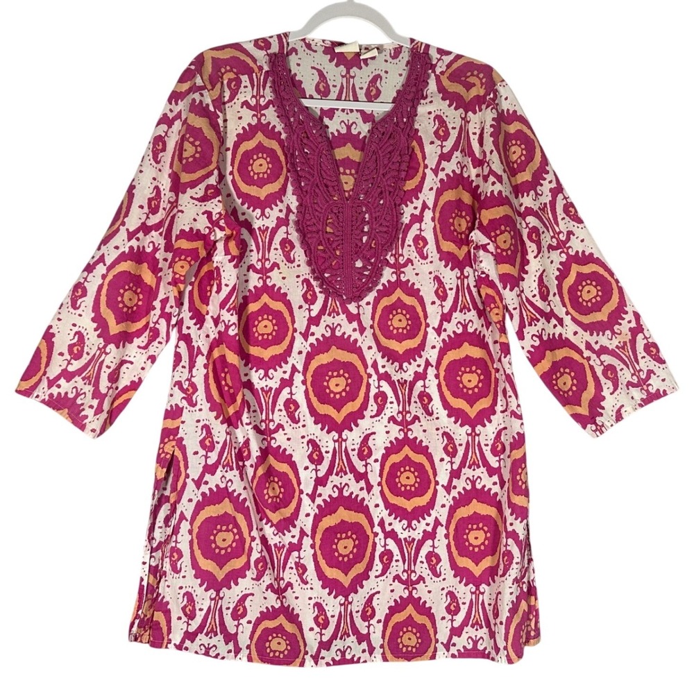Boo Gemes Tunic Top Sz M Pink Ikat Crochet Lace VNeck 100% Cotton Beachy Coverup